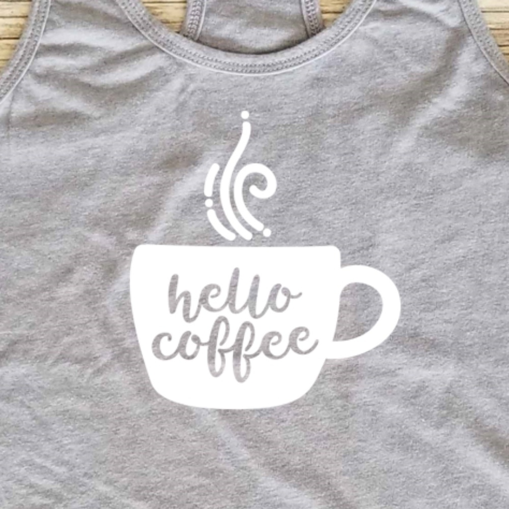 ☕ Hello Coffee - steaming mug - grey tank top